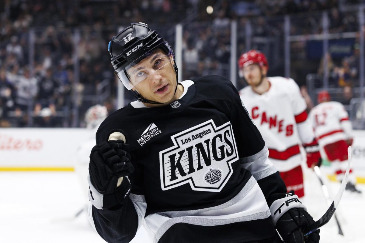 SKATING FOR SUCCESS: Trevor Moore celebrates after scoring a goal against the Carolina Hurricanes in a 7-2 victory for the Kings late in the regular season.